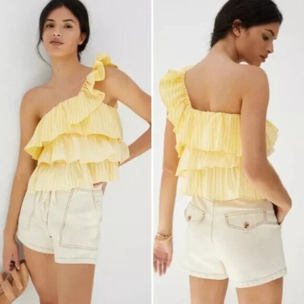 Anthropologie Maeve Ruffle One Shoulder Stripe Top sz M